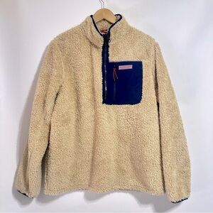 Vineyard Vines Stillwater High-Pile Sherpa 1/4-Zip Jacket sweater tan navy M